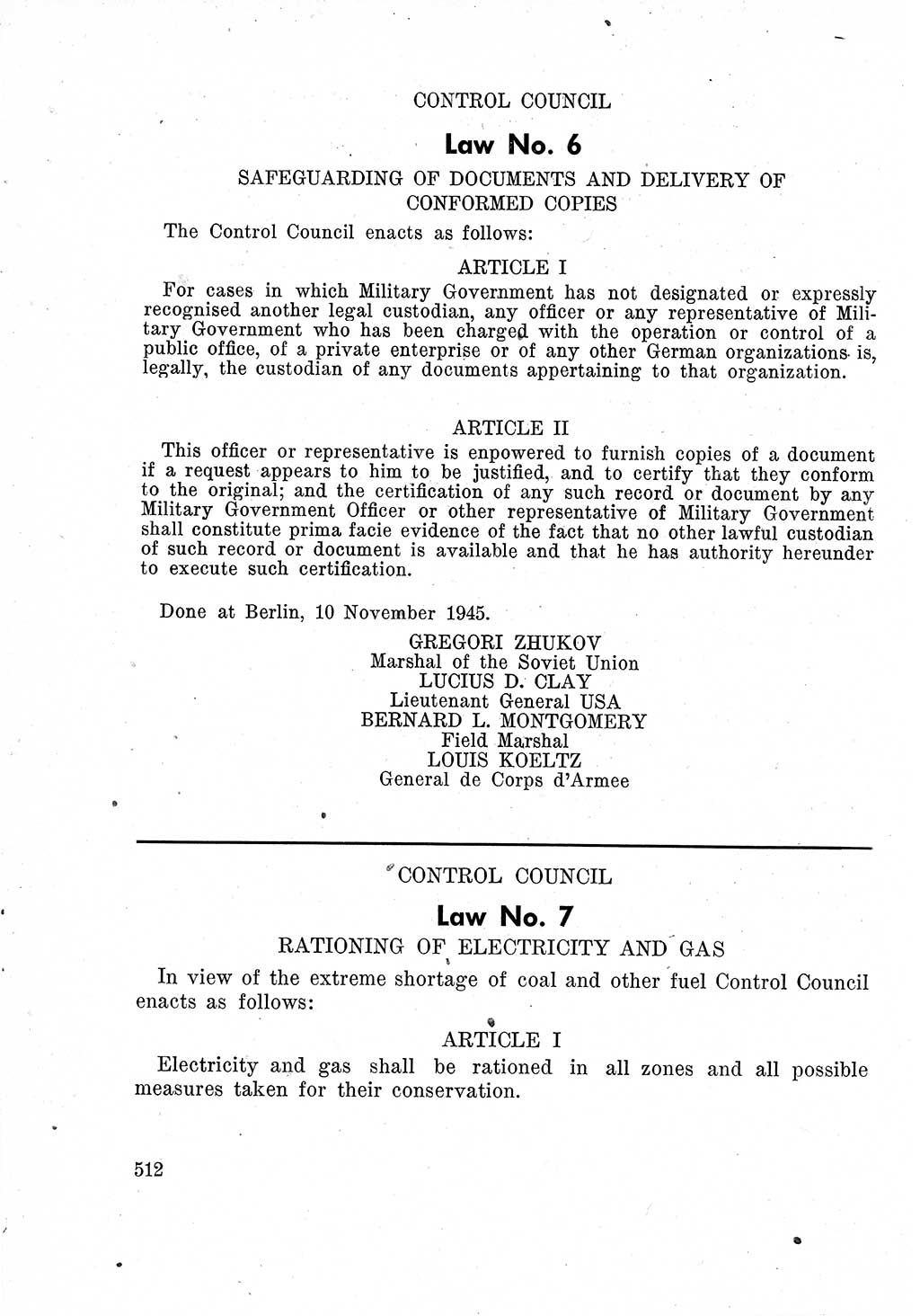 Das Recht der Besatzungsmacht (Deutschland), Proklamationen, Deklerationen, Verordnungen, Gesetze und Bekanntmachungen 1947, Seite 512 (R. Bes. Dtl. 1947, S. 512)