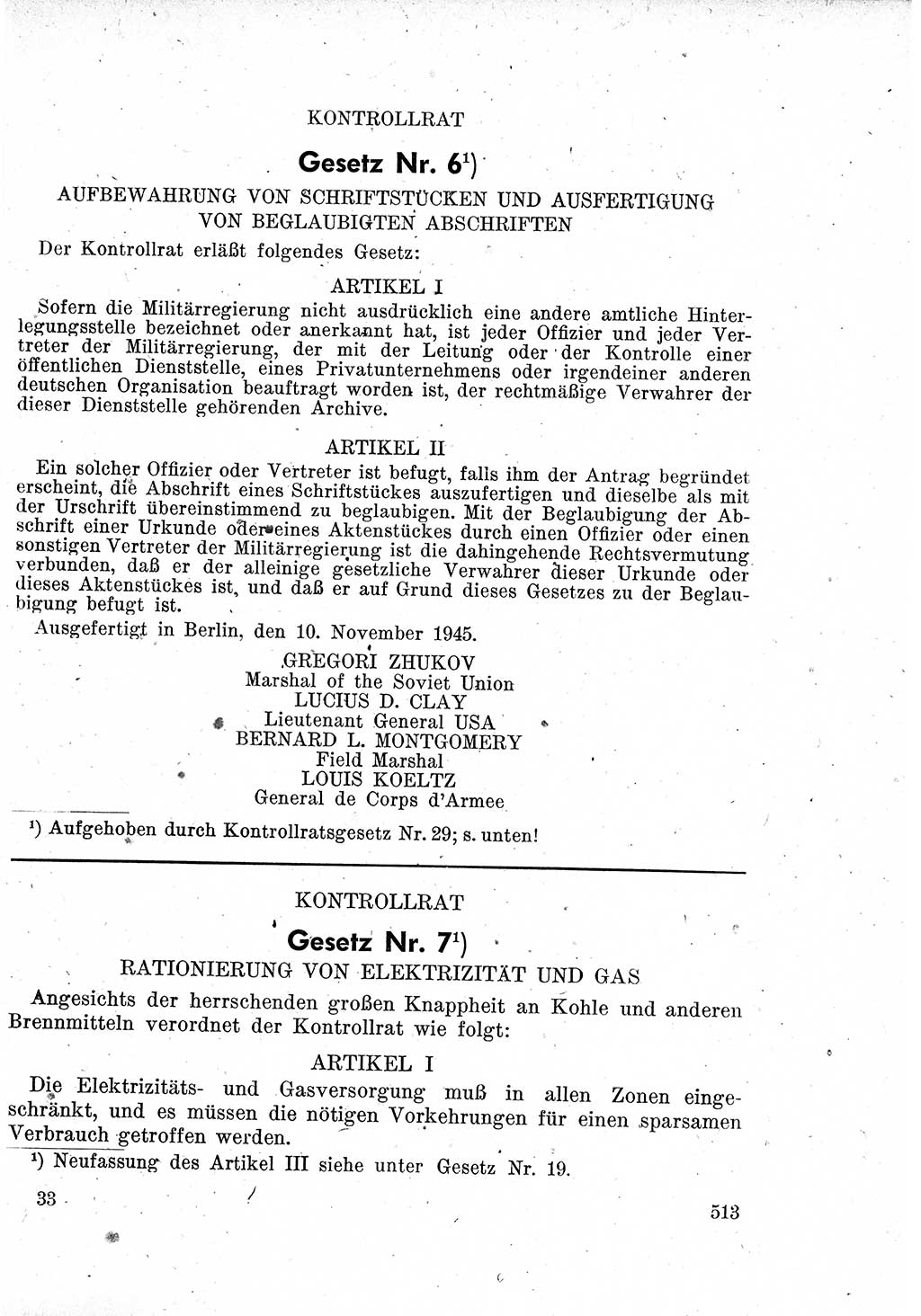 Das Recht der Besatzungsmacht (Deutschland), Proklamationen, Deklerationen, Verordnungen, Gesetze und Bekanntmachungen 1947, Seite 513 (R. Bes. Dtl. 1947, S. 513)