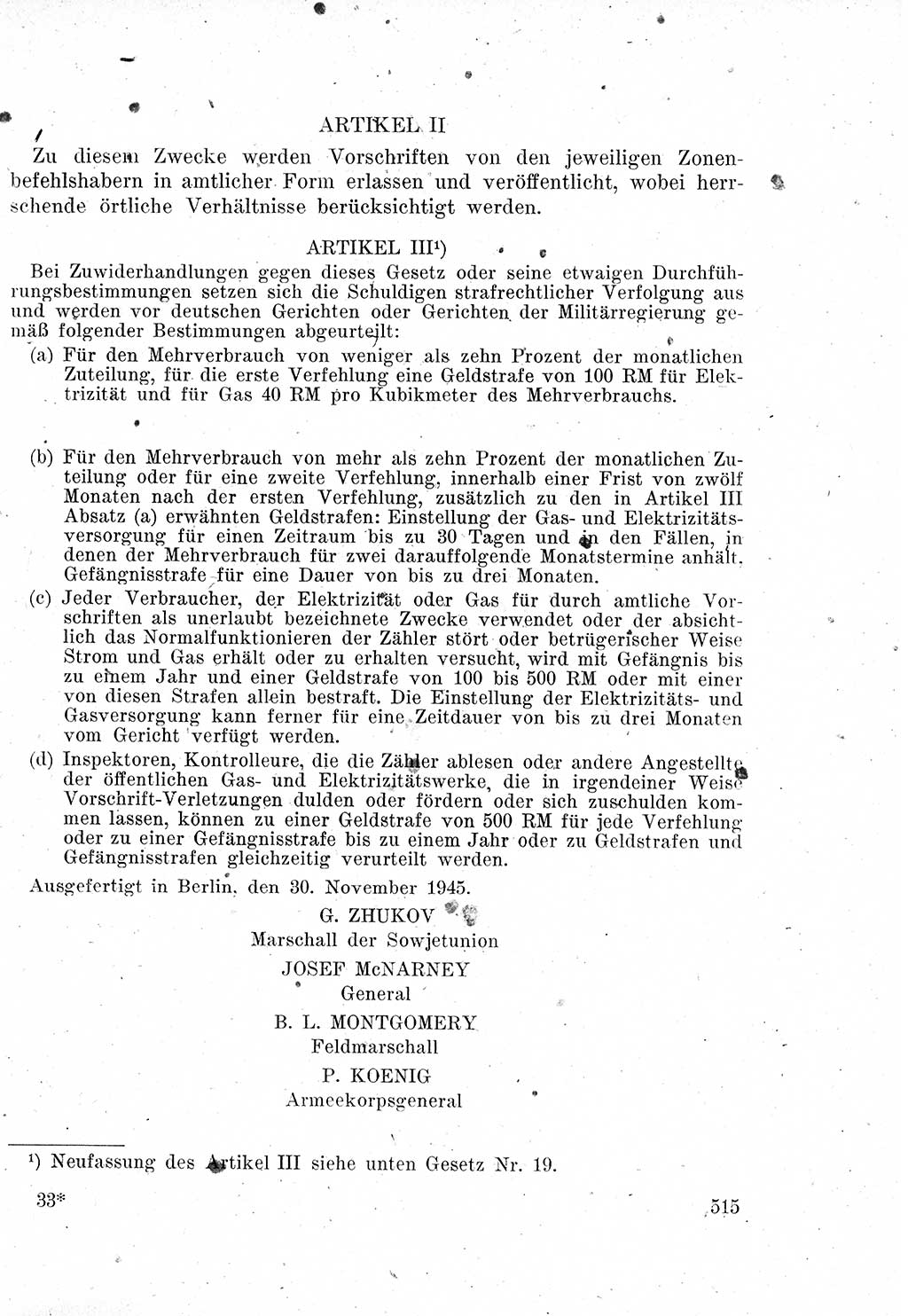 Das Recht der Besatzungsmacht (Deutschland), Proklamationen, Deklerationen, Verordnungen, Gesetze und Bekanntmachungen 1947, Seite 515 (R. Bes. Dtl. 1947, S. 515)