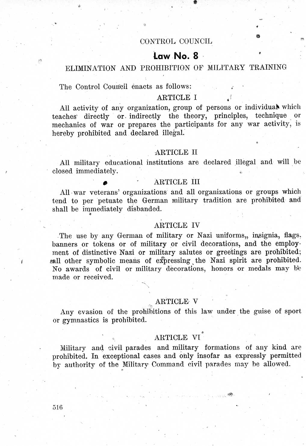 Das Recht der Besatzungsmacht (Deutschland), Proklamationen, Deklerationen, Verordnungen, Gesetze und Bekanntmachungen 1947, Seite 516 (R. Bes. Dtl. 1947, S. 516)