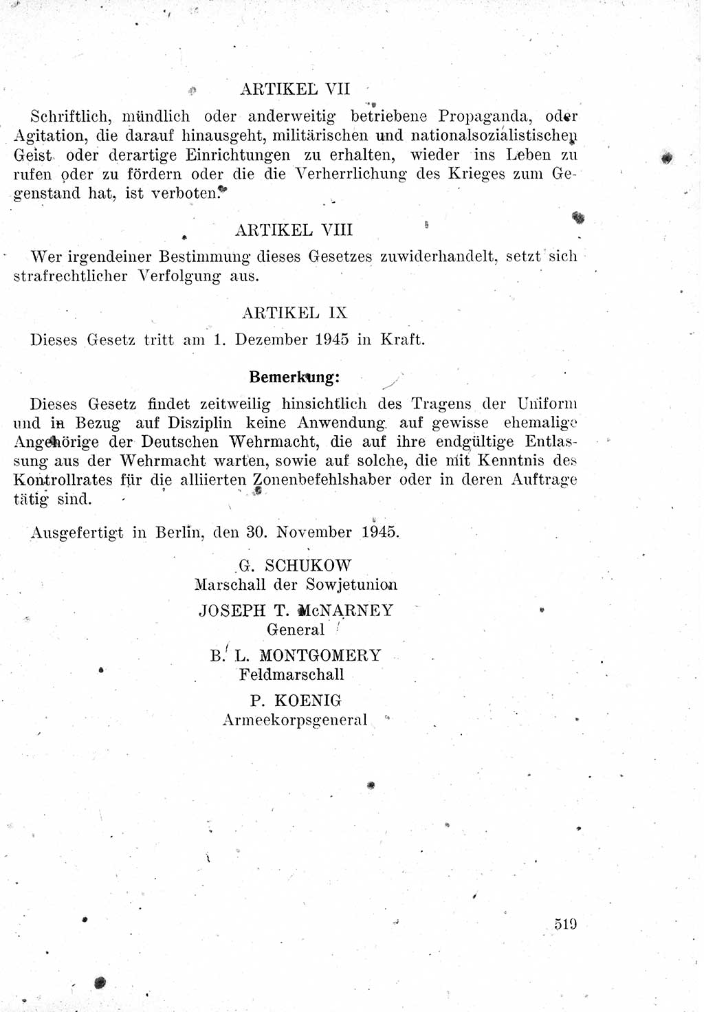 Das Recht der Besatzungsmacht (Deutschland), Proklamationen, Deklerationen, Verordnungen, Gesetze und Bekanntmachungen 1947, Seite 519 (R. Bes. Dtl. 1947, S. 519)