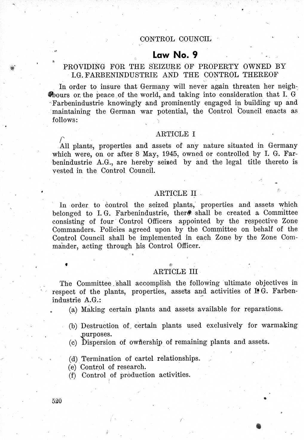 Das Recht der Besatzungsmacht (Deutschland), Proklamationen, Deklerationen, Verordnungen, Gesetze und Bekanntmachungen 1947, Seite 520 (R. Bes. Dtl. 1947, S. 520)