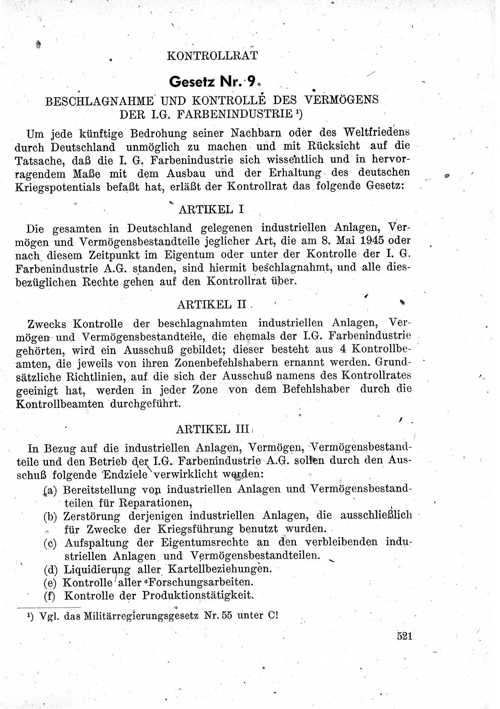 Das Recht der Besatzungsmacht (Deutschland), Proklamationen, Deklerationen, Verordnungen, Gesetze und Bekanntmachungen 1947, Seite 521 (R. Bes. Dtl. 1947, S. 521)