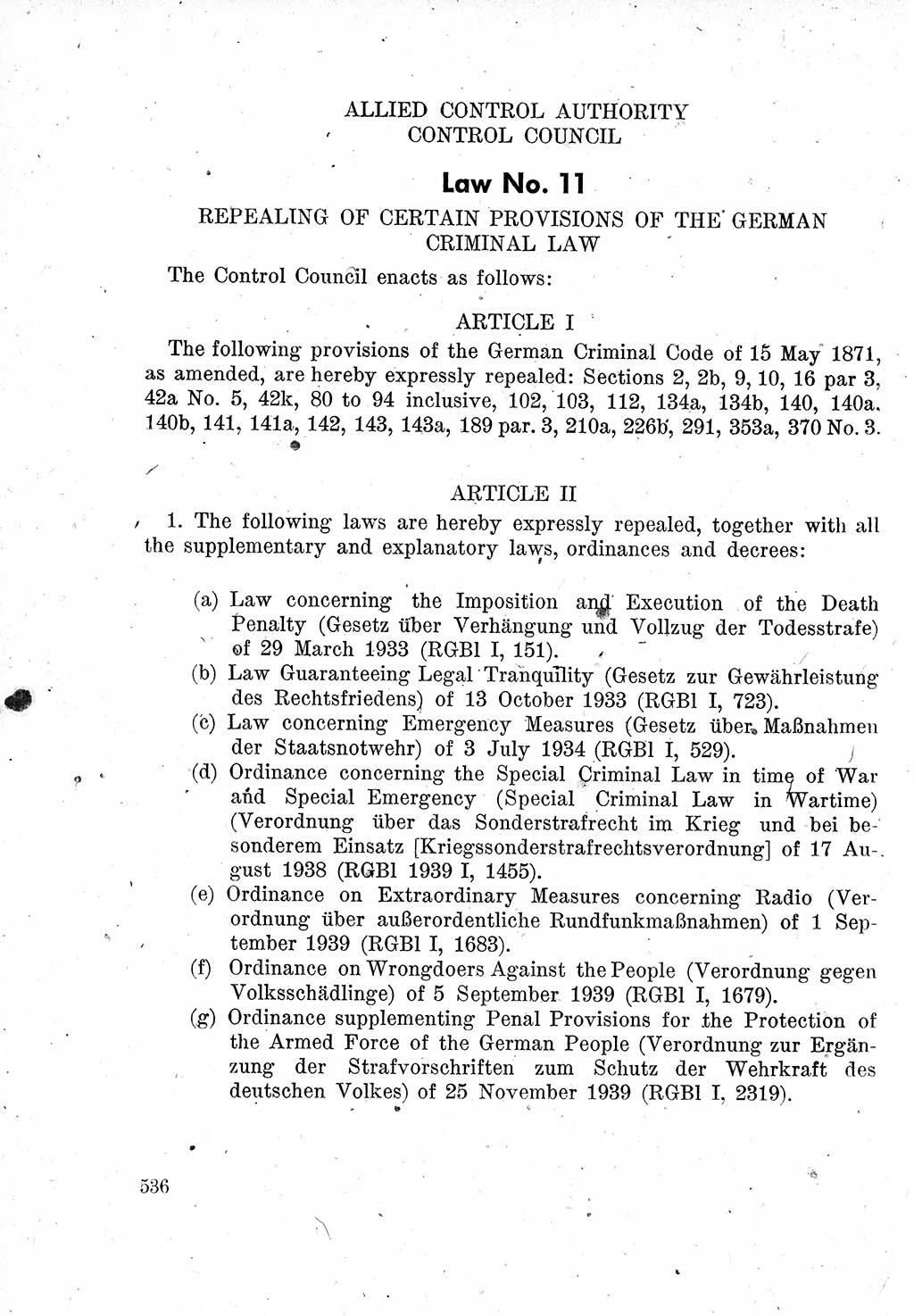 Das Recht der Besatzungsmacht (Deutschland), Proklamationen, Deklerationen, Verordnungen, Gesetze und Bekanntmachungen 1947, Seite 536 (R. Bes. Dtl. 1947, S. 536)