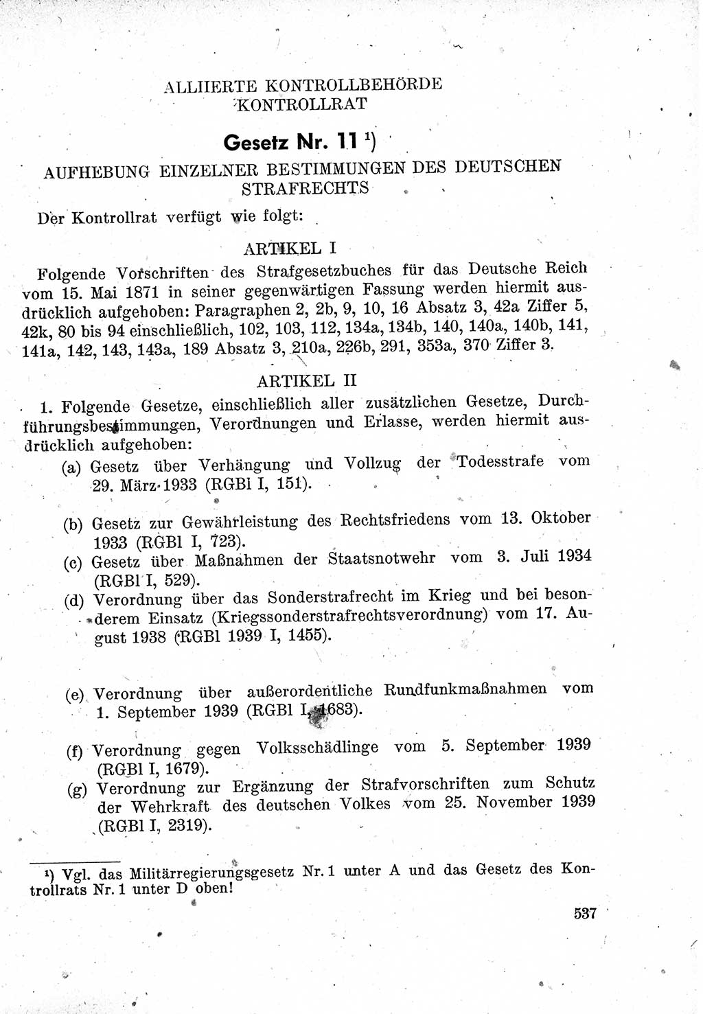 Das Recht der Besatzungsmacht (Deutschland), Proklamationen, Deklerationen, Verordnungen, Gesetze und Bekanntmachungen 1947, Seite 537 (R. Bes. Dtl. 1947, S. 537)