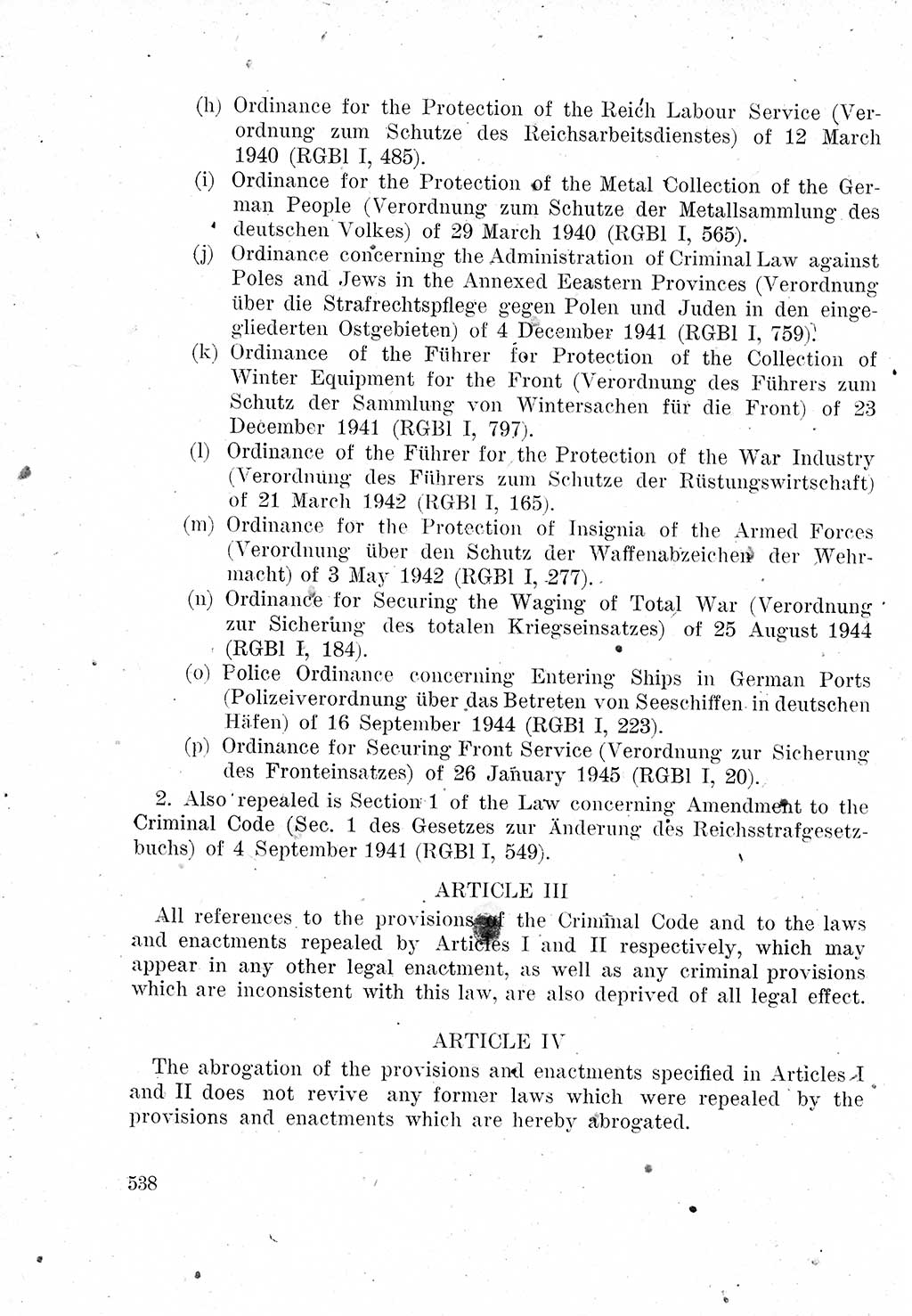 Das Recht der Besatzungsmacht (Deutschland), Proklamationen, Deklerationen, Verordnungen, Gesetze und Bekanntmachungen 1947, Seite 538 (R. Bes. Dtl. 1947, S. 538)
