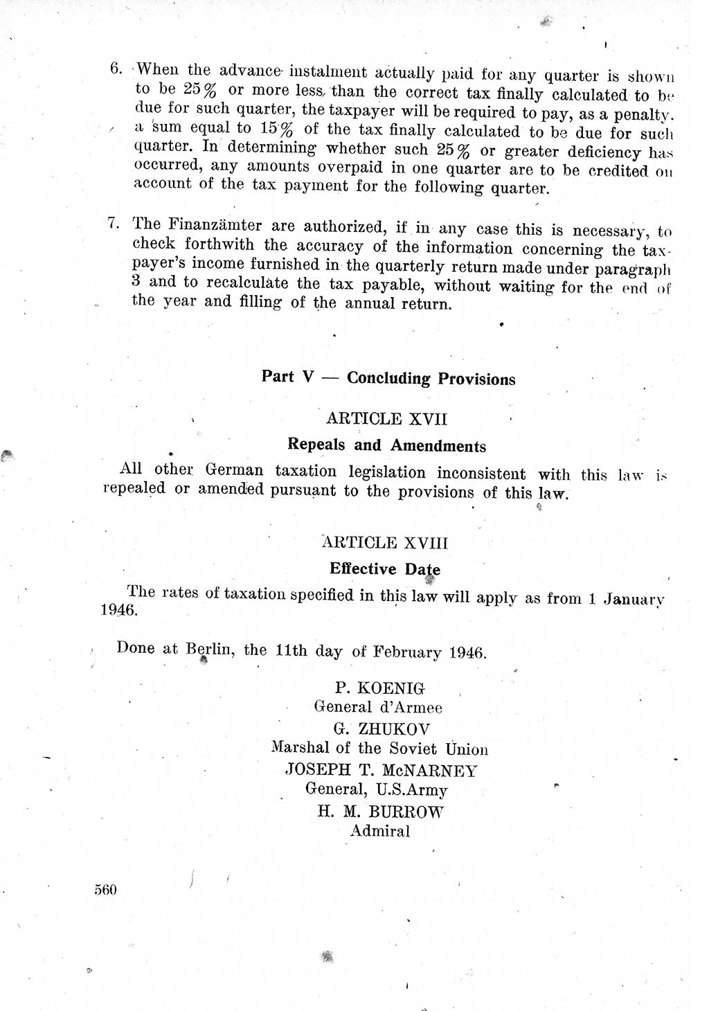 Das Recht der Besatzungsmacht (Deutschland), Proklamationen, Deklerationen, Verordnungen, Gesetze und Bekanntmachungen 1947, Seite 560 (R. Bes. Dtl. 1947, S. 560)
