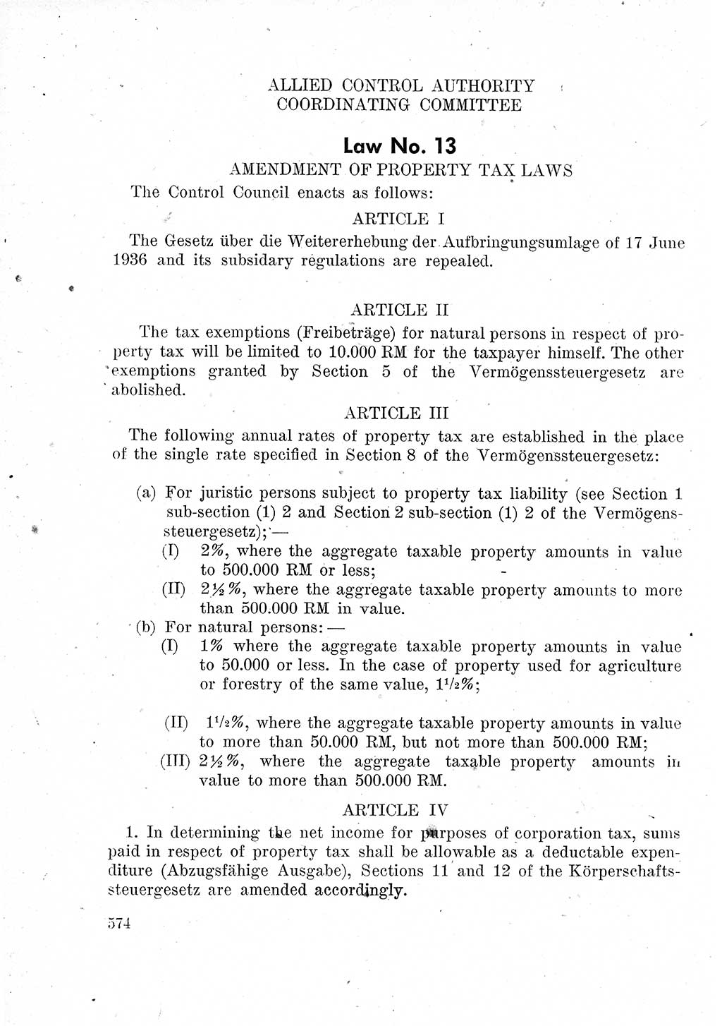 Das Recht der Besatzungsmacht (Deutschland), Proklamationen, Deklerationen, Verordnungen, Gesetze und Bekanntmachungen 1947, Seite 574 (R. Bes. Dtl. 1947, S. 574)