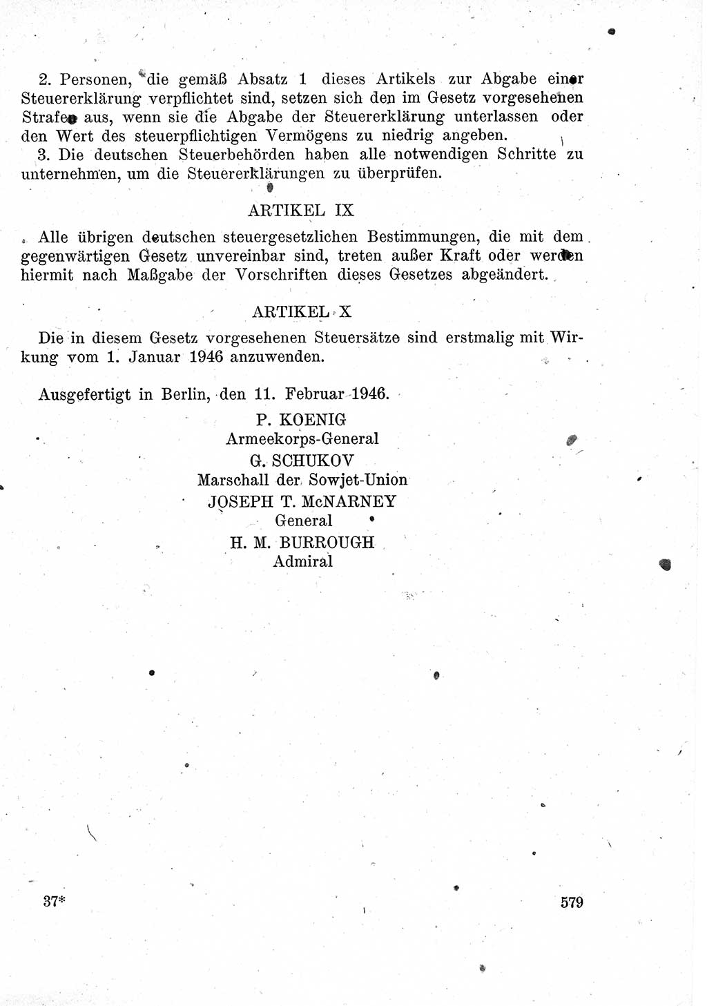 Das Recht der Besatzungsmacht (Deutschland), Proklamationen, Deklerationen, Verordnungen, Gesetze und Bekanntmachungen 1947, Seite 579 (R. Bes. Dtl. 1947, S. 579)