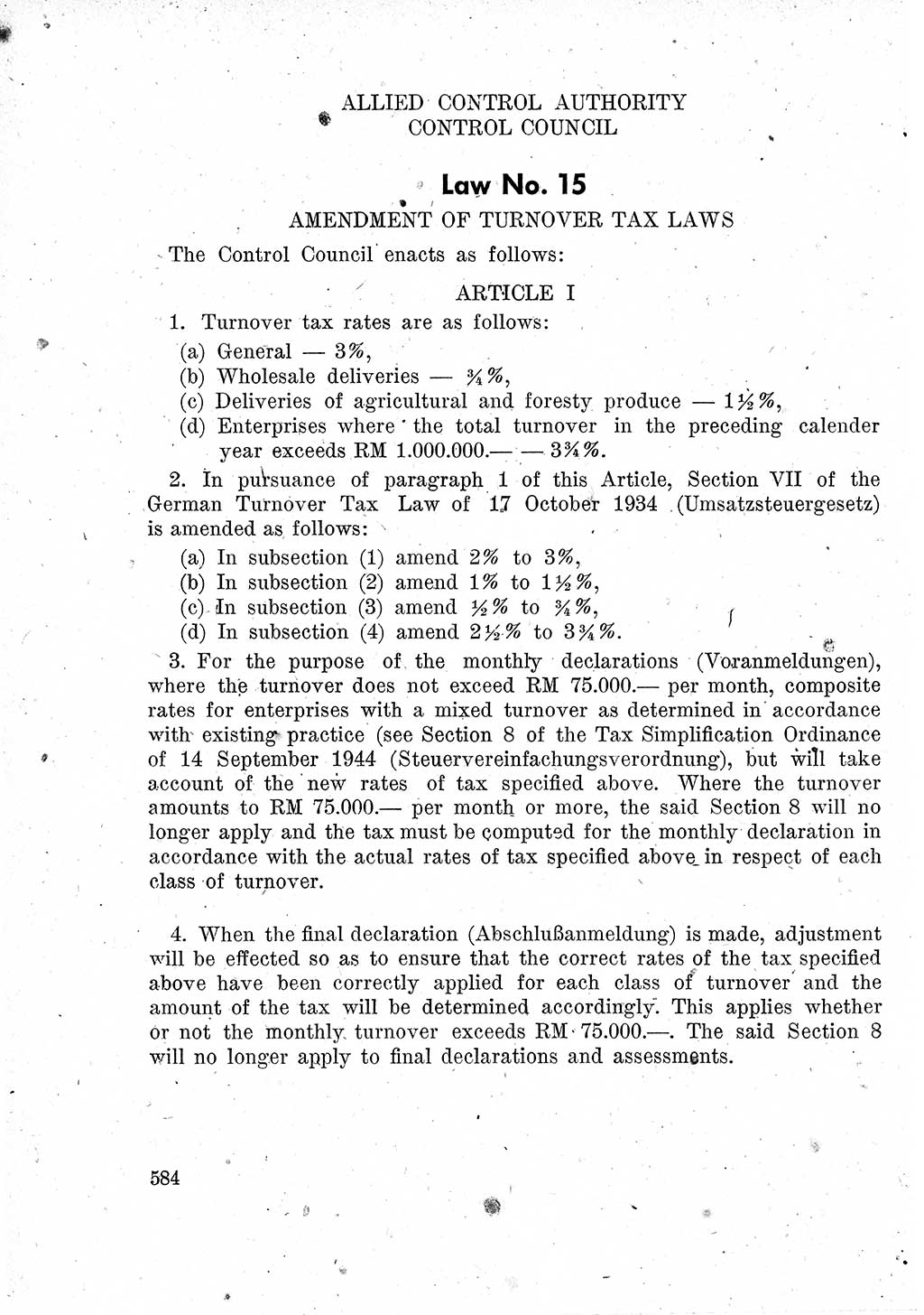 Das Recht der Besatzungsmacht (Deutschland), Proklamationen, Deklerationen, Verordnungen, Gesetze und Bekanntmachungen 1947, Seite 584 (R. Bes. Dtl. 1947, S. 584)