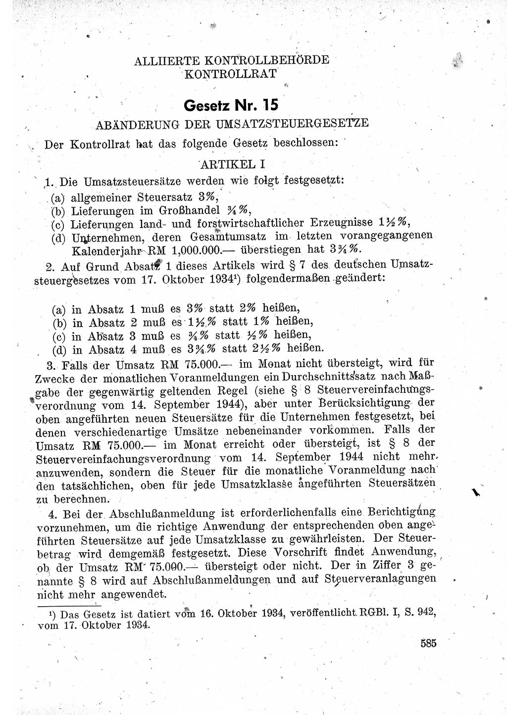 Das Recht der Besatzungsmacht (Deutschland), Proklamationen, Deklerationen, Verordnungen, Gesetze und Bekanntmachungen 1947, Seite 585 (R. Bes. Dtl. 1947, S. 585)