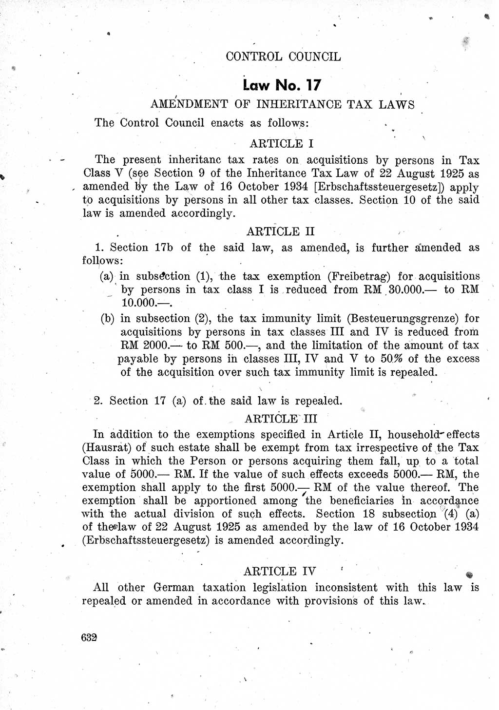 Das Recht der Besatzungsmacht (Deutschland), Proklamationen, Deklerationen, Verordnungen, Gesetze und Bekanntmachungen 1947, Seite 632 (R. Bes. Dtl. 1947, S. 632)
