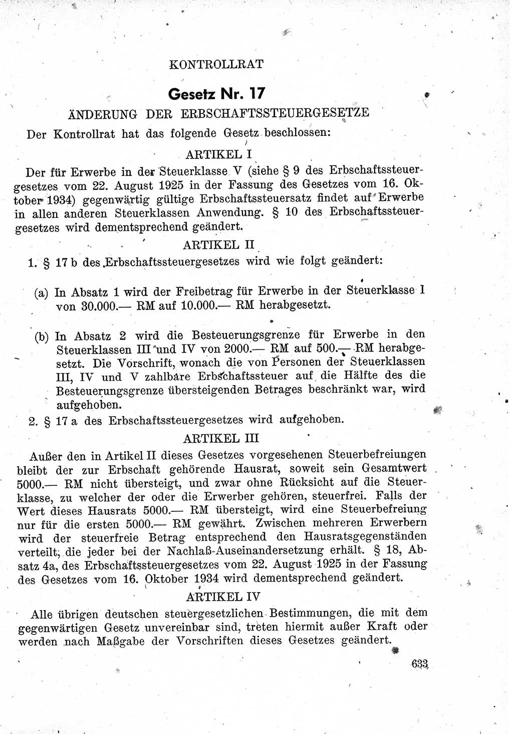 Das Recht der Besatzungsmacht (Deutschland), Proklamationen, Deklerationen, Verordnungen, Gesetze und Bekanntmachungen 1947, Seite 633 (R. Bes. Dtl. 1947, S. 633)