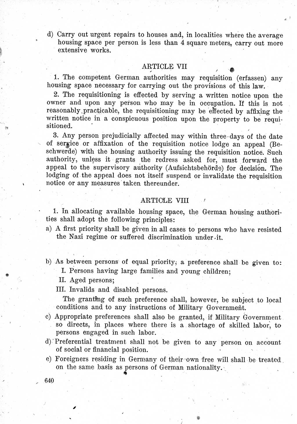 Das Recht der Besatzungsmacht (Deutschland), Proklamationen, Deklerationen, Verordnungen, Gesetze und Bekanntmachungen 1947, Seite 640 (R. Bes. Dtl. 1947, S. 640)