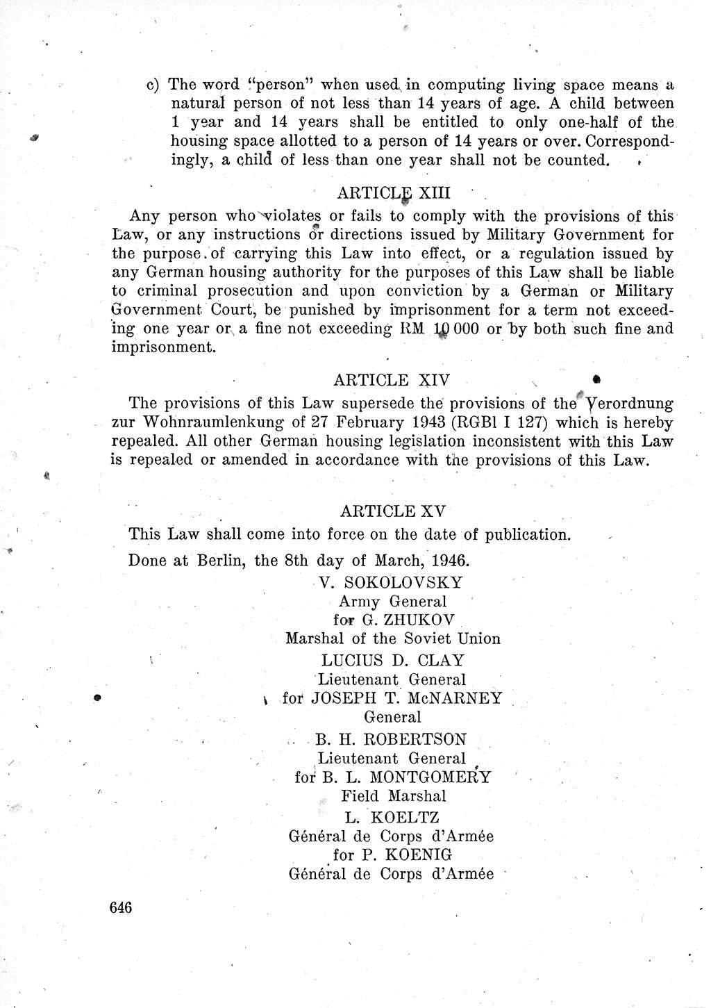 Das Recht der Besatzungsmacht (Deutschland), Proklamationen, Deklerationen, Verordnungen, Gesetze und Bekanntmachungen 1947, Seite 646 (R. Bes. Dtl. 1947, S. 646)