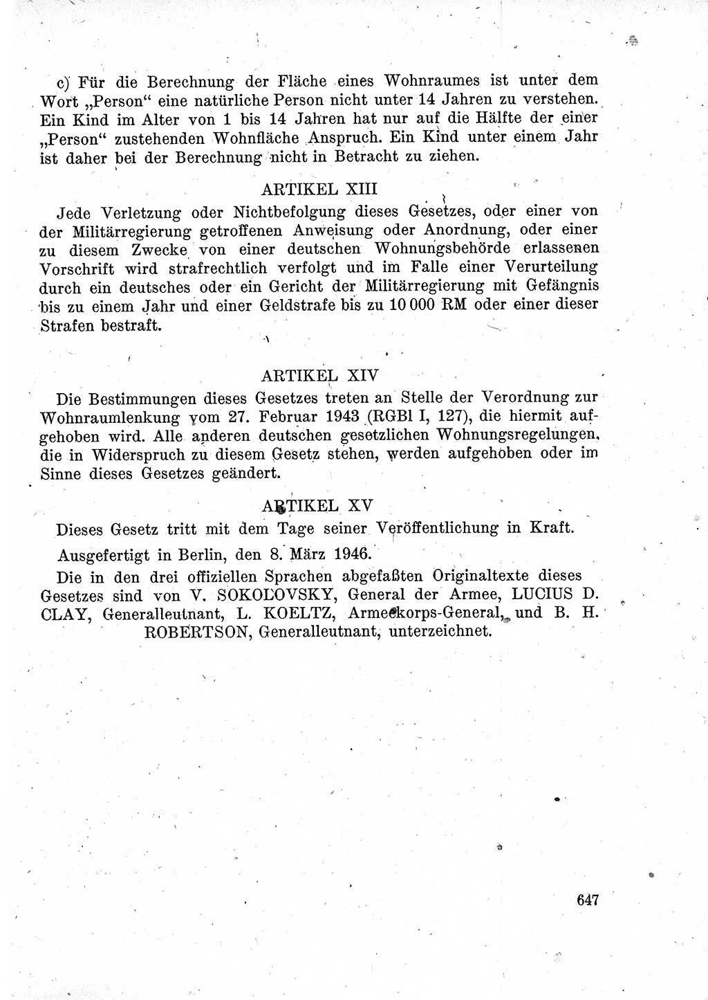 Das Recht der Besatzungsmacht (Deutschland), Proklamationen, Deklerationen, Verordnungen, Gesetze und Bekanntmachungen 1947, Seite 647 (R. Bes. Dtl. 1947, S. 647)