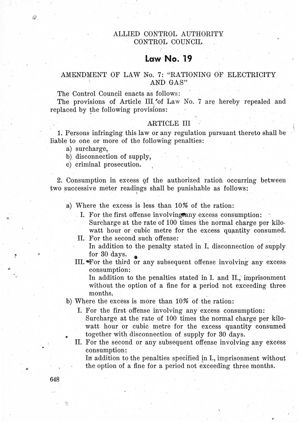 Das Recht der Besatzungsmacht (Deutschland), Proklamationen, Deklerationen, Verordnungen, Gesetze und Bekanntmachungen 1947, Seite 648 (R. Bes. Dtl. 1947, S. 648)