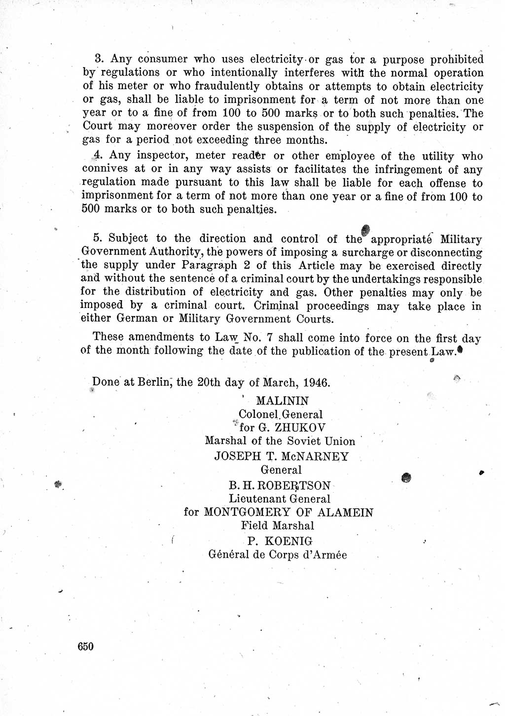 Das Recht der Besatzungsmacht (Deutschland), Proklamationen, Deklerationen, Verordnungen, Gesetze und Bekanntmachungen 1947, Seite 650 (R. Bes. Dtl. 1947, S. 650)