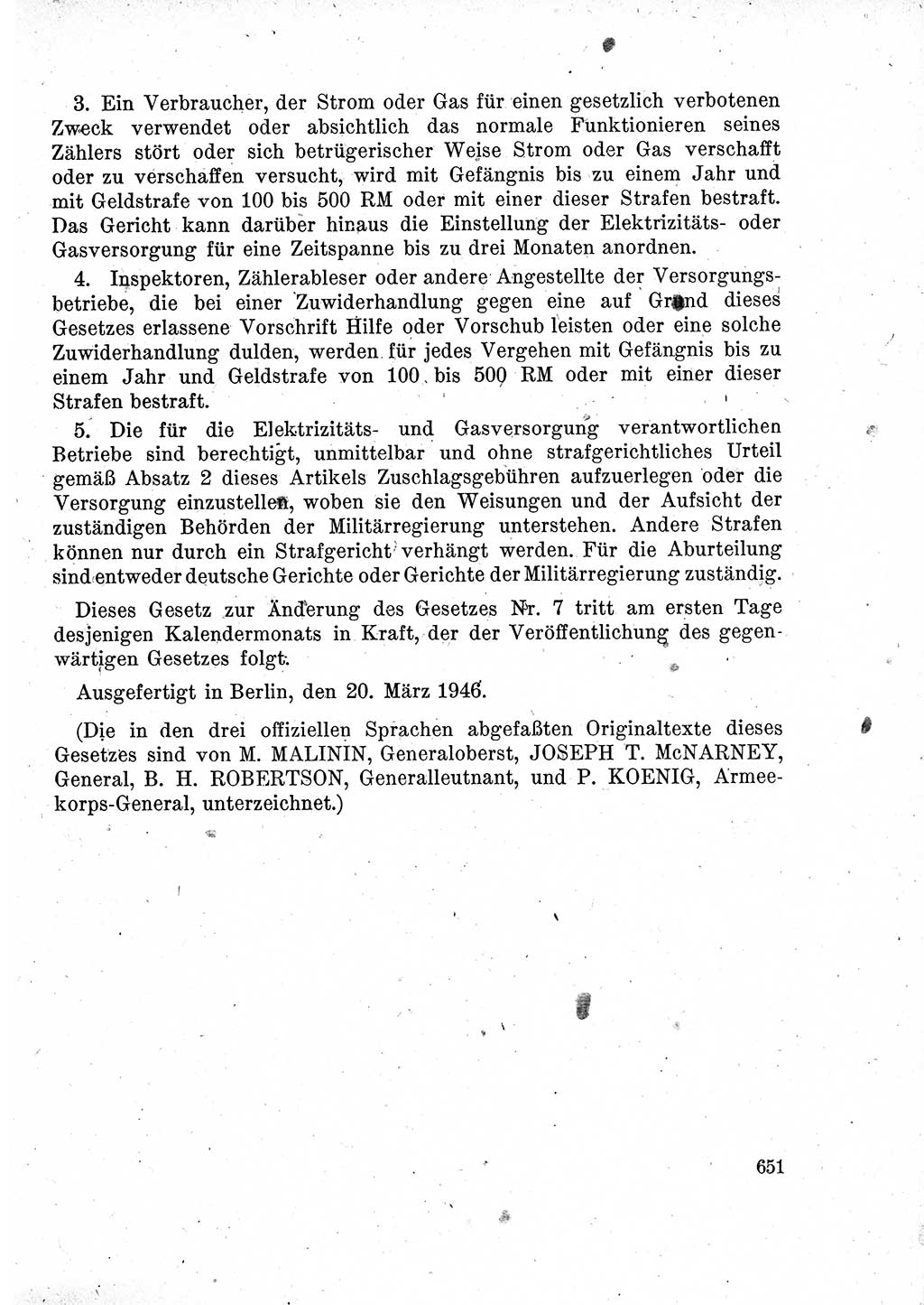 Das Recht der Besatzungsmacht (Deutschland), Proklamationen, Deklerationen, Verordnungen, Gesetze und Bekanntmachungen 1947, Seite 651 (R. Bes. Dtl. 1947, S. 651)