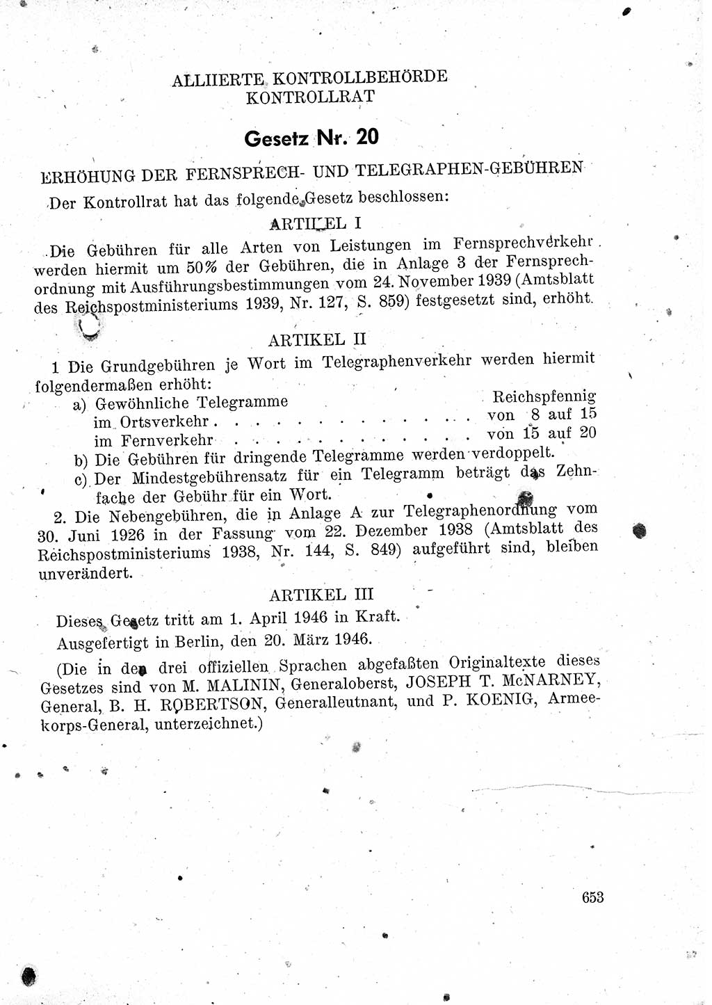 Das Recht der Besatzungsmacht (Deutschland), Proklamationen, Deklerationen, Verordnungen, Gesetze und Bekanntmachungen 1947, Seite 653 (R. Bes. Dtl. 1947, S. 653)