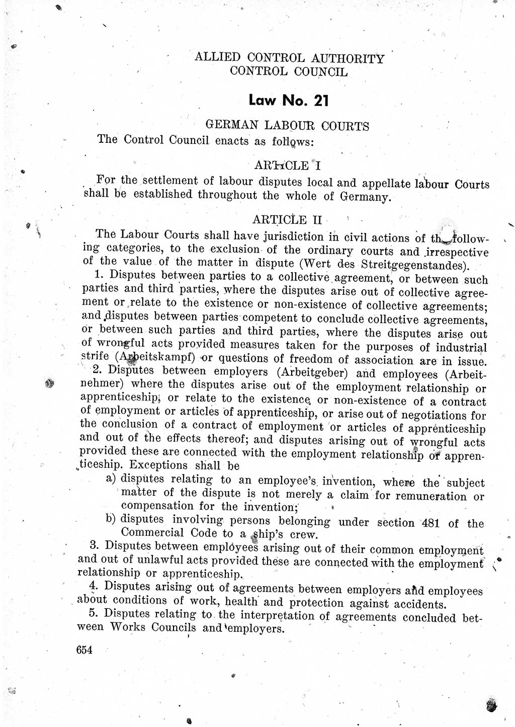 Das Recht der Besatzungsmacht (Deutschland), Proklamationen, Deklerationen, Verordnungen, Gesetze und Bekanntmachungen 1947, Seite 654 (R. Bes. Dtl. 1947, S. 654)