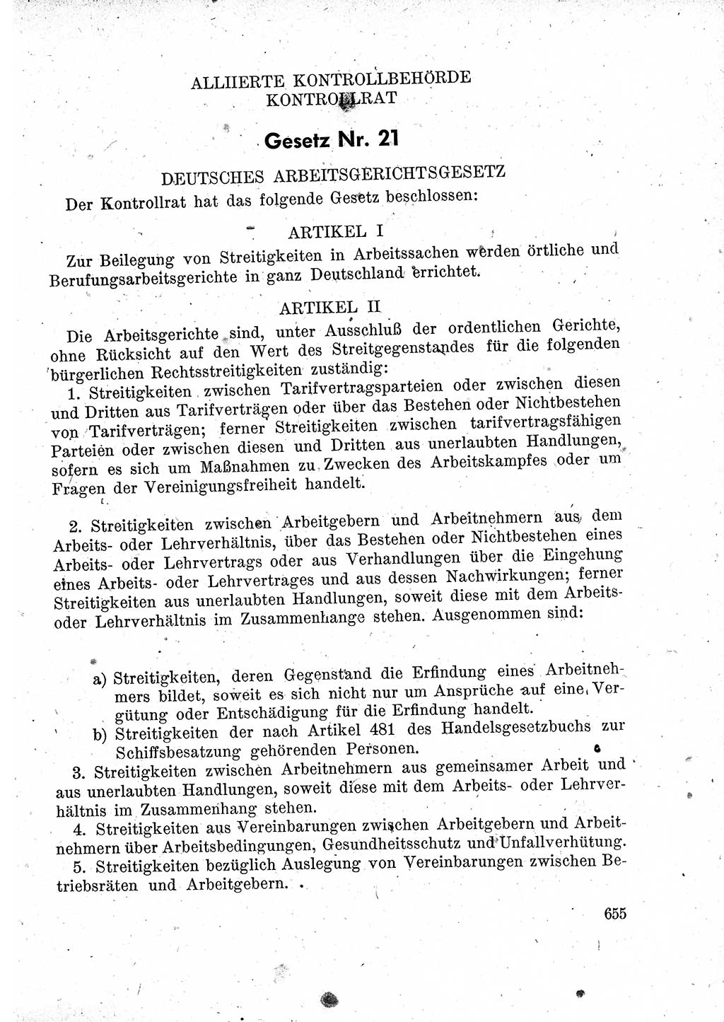 Das Recht der Besatzungsmacht (Deutschland), Proklamationen, Deklerationen, Verordnungen, Gesetze und Bekanntmachungen 1947, Seite 655 (R. Bes. Dtl. 1947, S. 655)