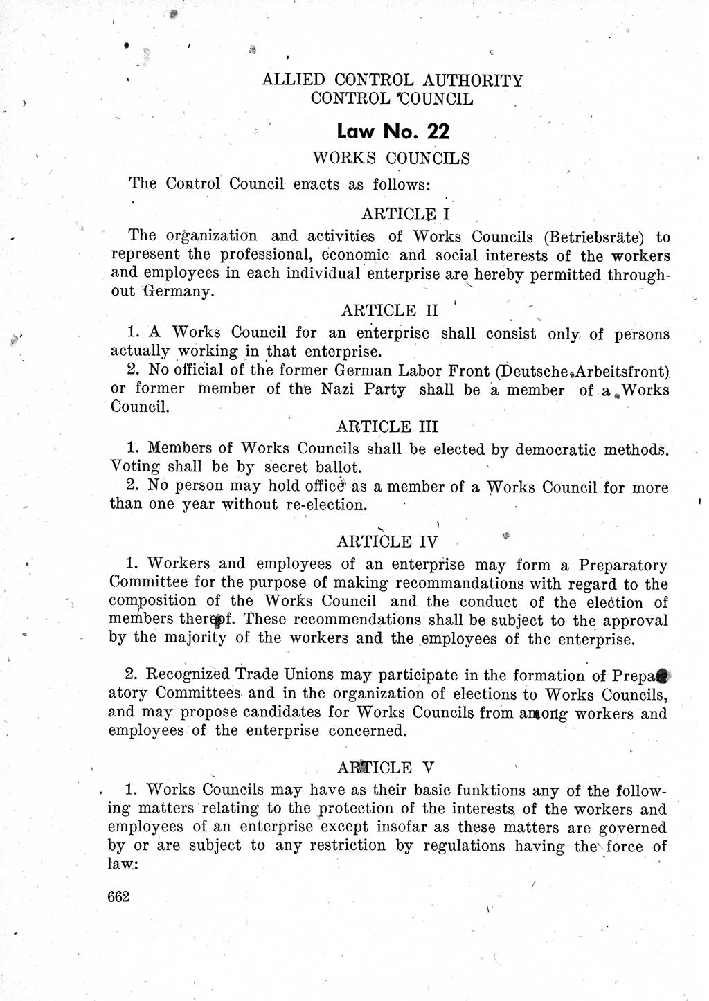 Das Recht der Besatzungsmacht (Deutschland), Proklamationen, Deklerationen, Verordnungen, Gesetze und Bekanntmachungen 1947, Seite 662 (R. Bes. Dtl. 1947, S. 662)