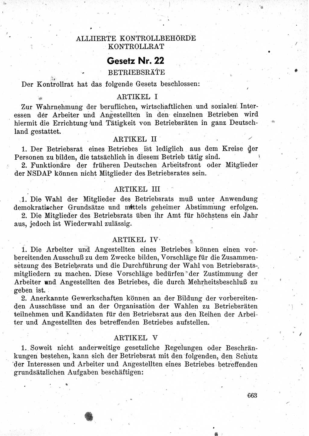 Das Recht der Besatzungsmacht (Deutschland), Proklamationen, Deklerationen, Verordnungen, Gesetze und Bekanntmachungen 1947, Seite 663 (R. Bes. Dtl. 1947, S. 663)