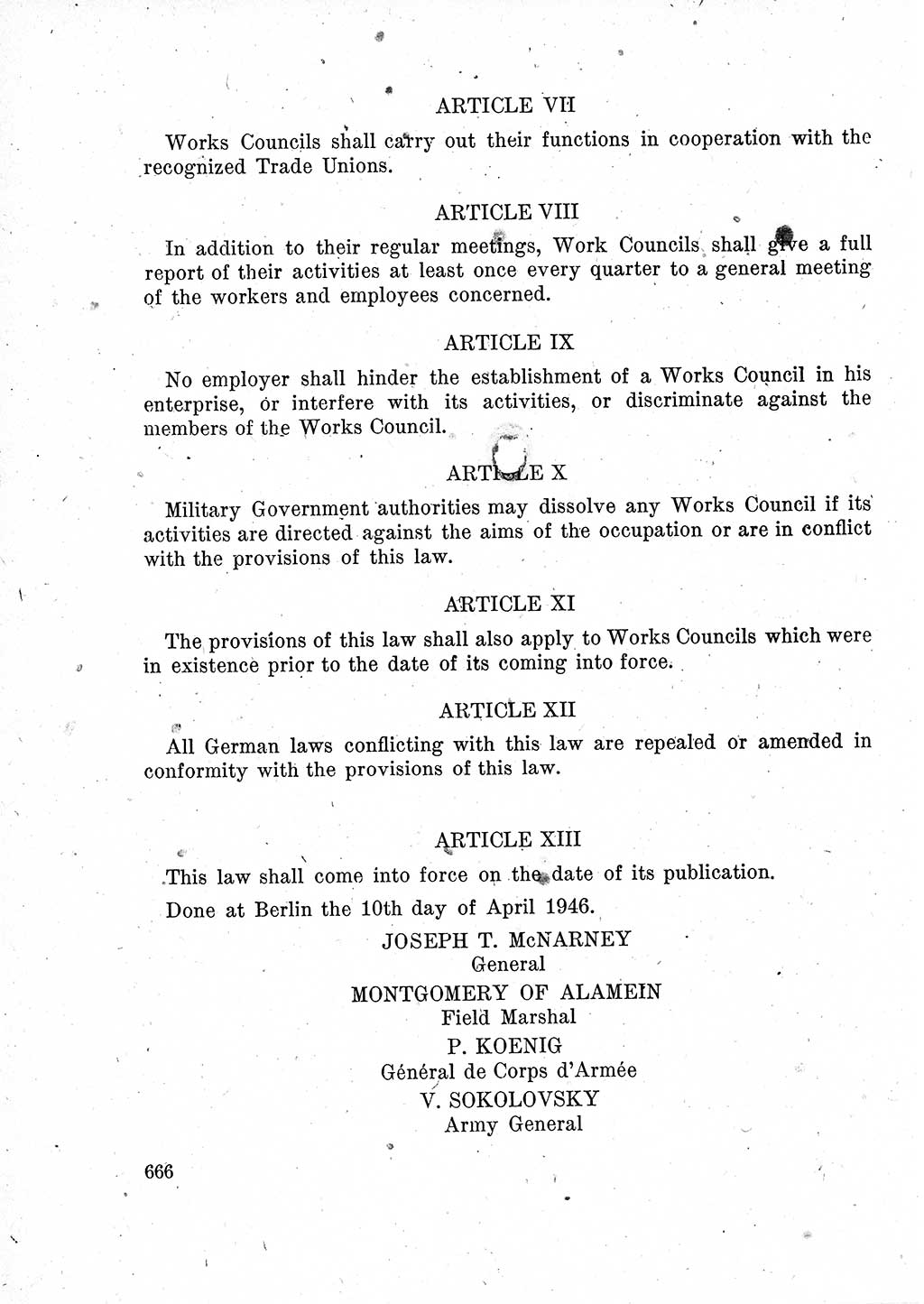 Das Recht der Besatzungsmacht (Deutschland), Proklamationen, Deklerationen, Verordnungen, Gesetze und Bekanntmachungen 1947, Seite 666 (R. Bes. Dtl. 1947, S. 666)