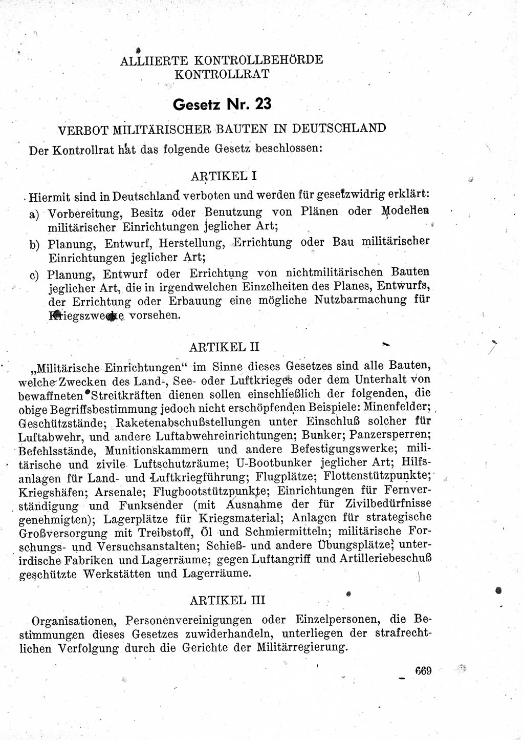 Das Recht der Besatzungsmacht (Deutschland), Proklamationen, Deklerationen, Verordnungen, Gesetze und Bekanntmachungen 1947, Seite 669 (R. Bes. Dtl. 1947, S. 669)