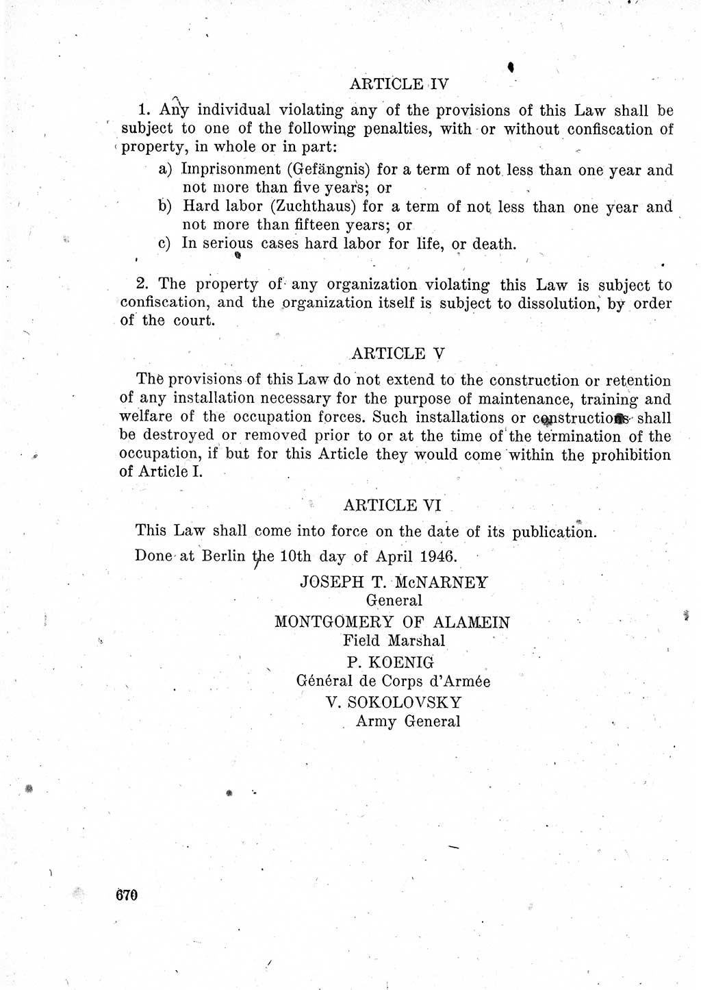 Das Recht der Besatzungsmacht (Deutschland), Proklamationen, Deklerationen, Verordnungen, Gesetze und Bekanntmachungen 1947, Seite 670 (R. Bes. Dtl. 1947, S. 670)