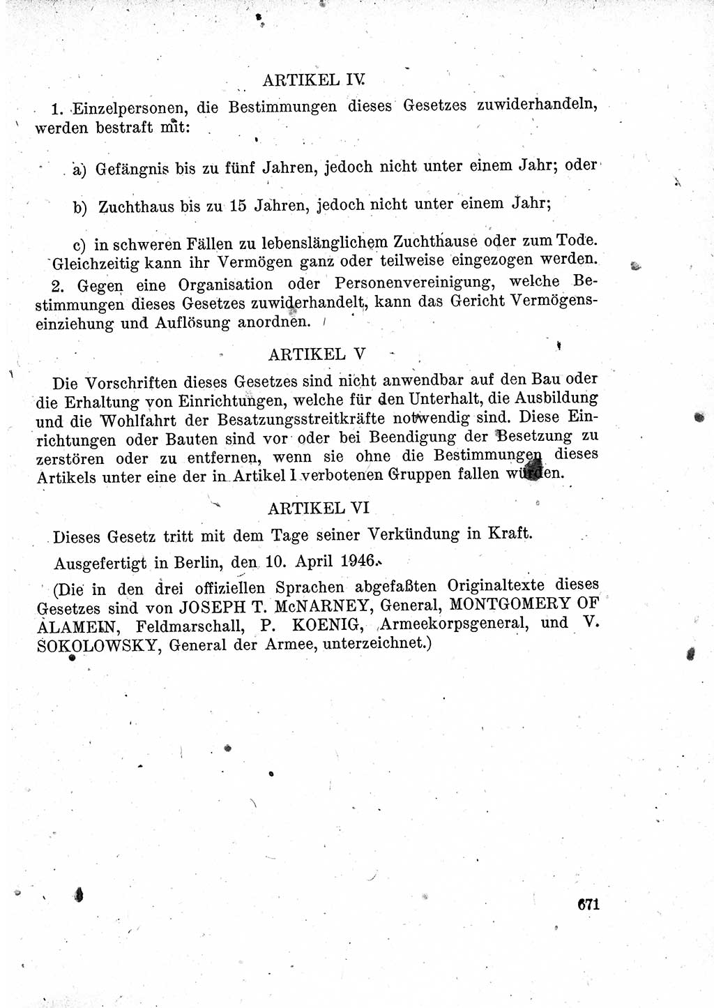 Das Recht der Besatzungsmacht (Deutschland), Proklamationen, Deklerationen, Verordnungen, Gesetze und Bekanntmachungen 1947, Seite 671 (R. Bes. Dtl. 1947, S. 671)