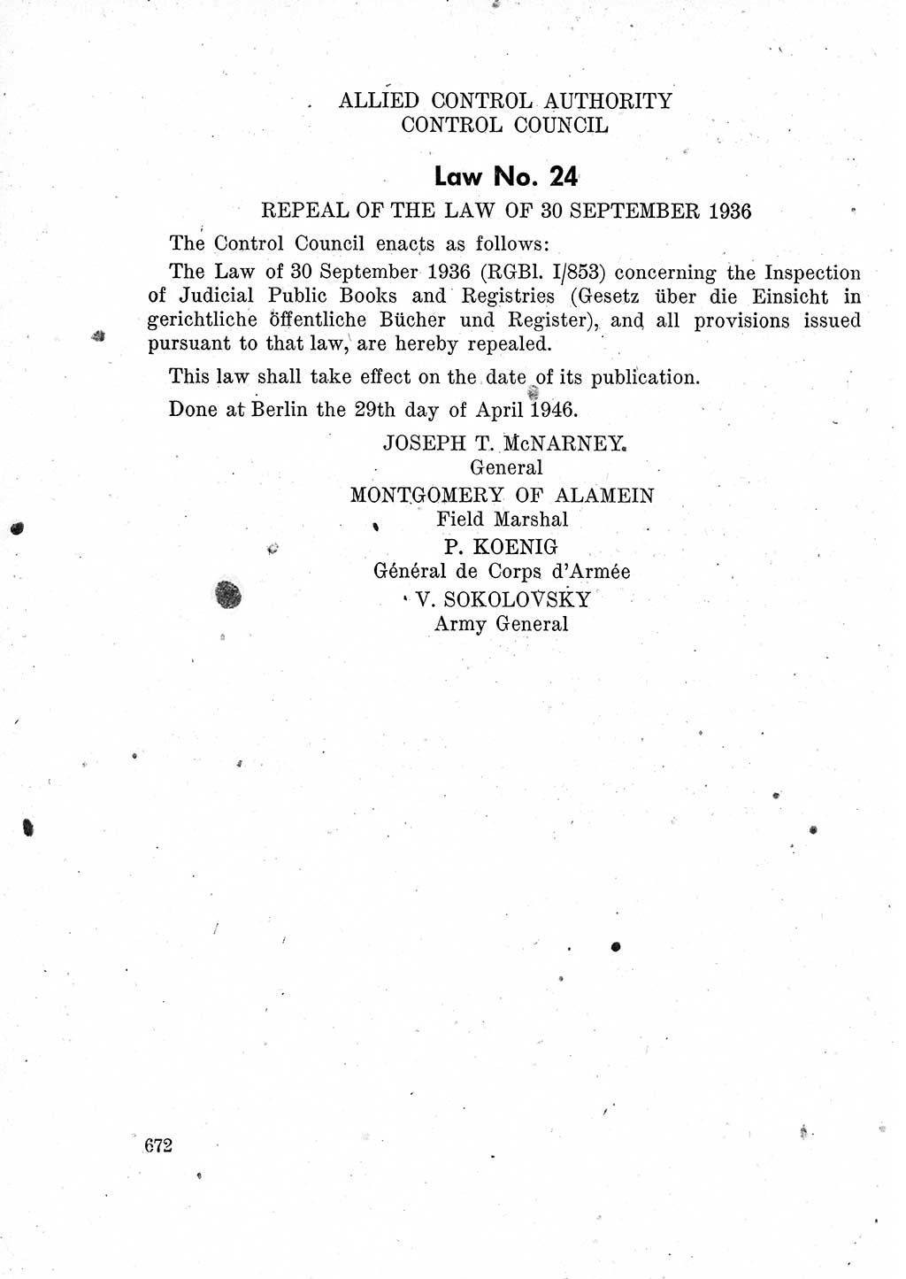 Das Recht der Besatzungsmacht (Deutschland), Proklamationen, Deklerationen, Verordnungen, Gesetze und Bekanntmachungen 1947, Seite 672 (R. Bes. Dtl. 1947, S. 672)