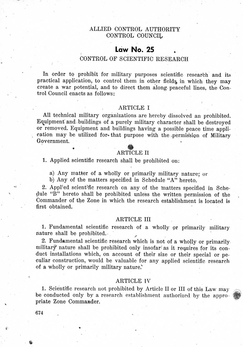 Das Recht der Besatzungsmacht (Deutschland), Proklamationen, Deklerationen, Verordnungen, Gesetze und Bekanntmachungen 1947, Seite 674 (R. Bes. Dtl. 1947, S. 674)