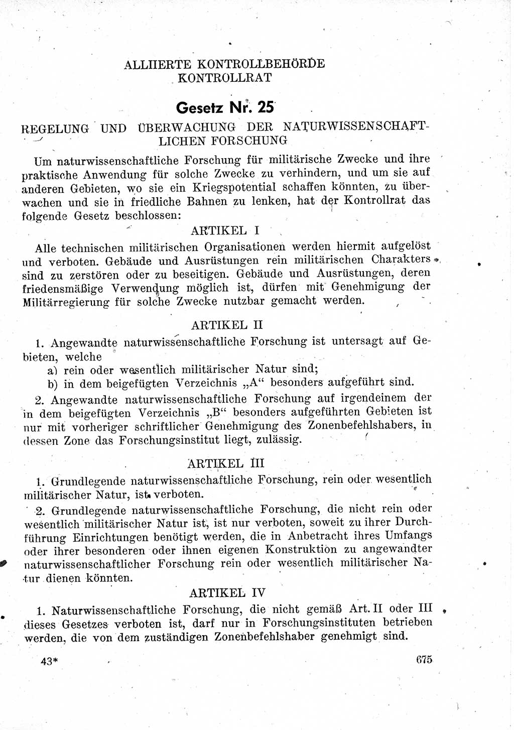 Das Recht der Besatzungsmacht (Deutschland), Proklamationen, Deklerationen, Verordnungen, Gesetze und Bekanntmachungen 1947, Seite 675 (R. Bes. Dtl. 1947, S. 675)