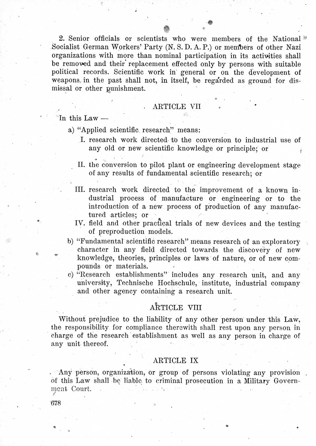 Das Recht der Besatzungsmacht (Deutschland), Proklamationen, Deklerationen, Verordnungen, Gesetze und Bekanntmachungen 1947, Seite 678 (R. Bes. Dtl. 1947, S. 678)