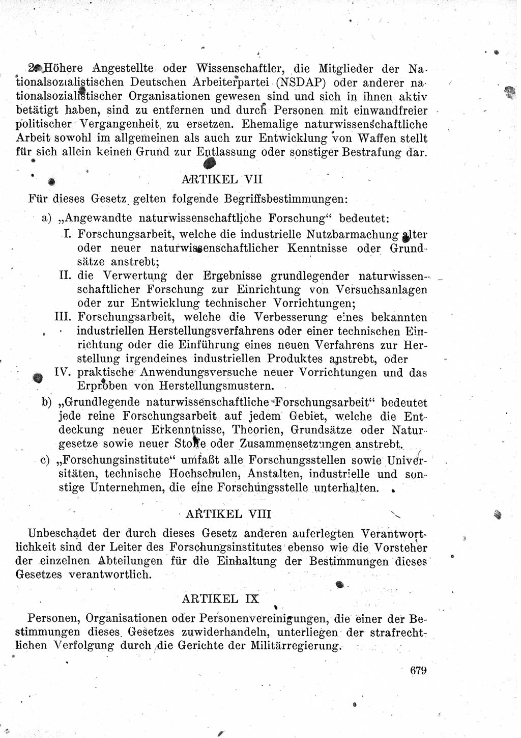 Das Recht der Besatzungsmacht (Deutschland), Proklamationen, Deklerationen, Verordnungen, Gesetze und Bekanntmachungen 1947, Seite 679 (R. Bes. Dtl. 1947, S. 679)