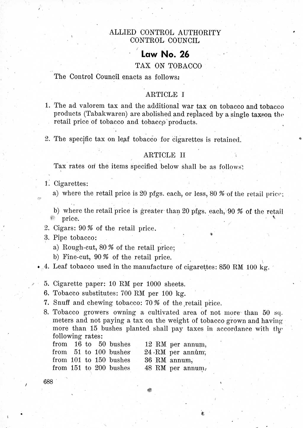 Das Recht der Besatzungsmacht (Deutschland), Proklamationen, Deklerationen, Verordnungen, Gesetze und Bekanntmachungen 1947, Seite 688 (R. Bes. Dtl. 1947, S. 688)