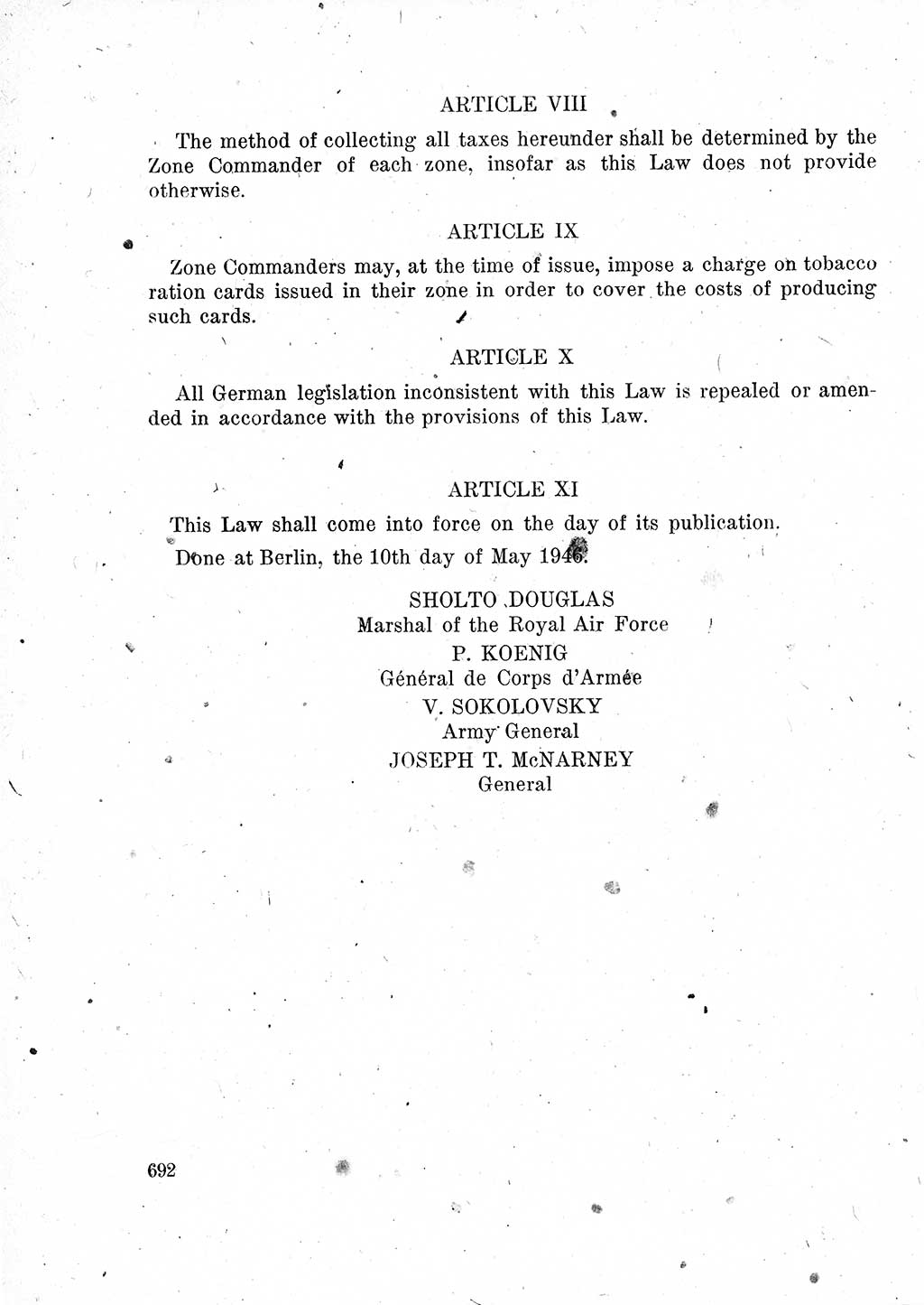 Das Recht der Besatzungsmacht (Deutschland), Proklamationen, Deklerationen, Verordnungen, Gesetze und Bekanntmachungen 1947, Seite 692 (R. Bes. Dtl. 1947, S. 692)
