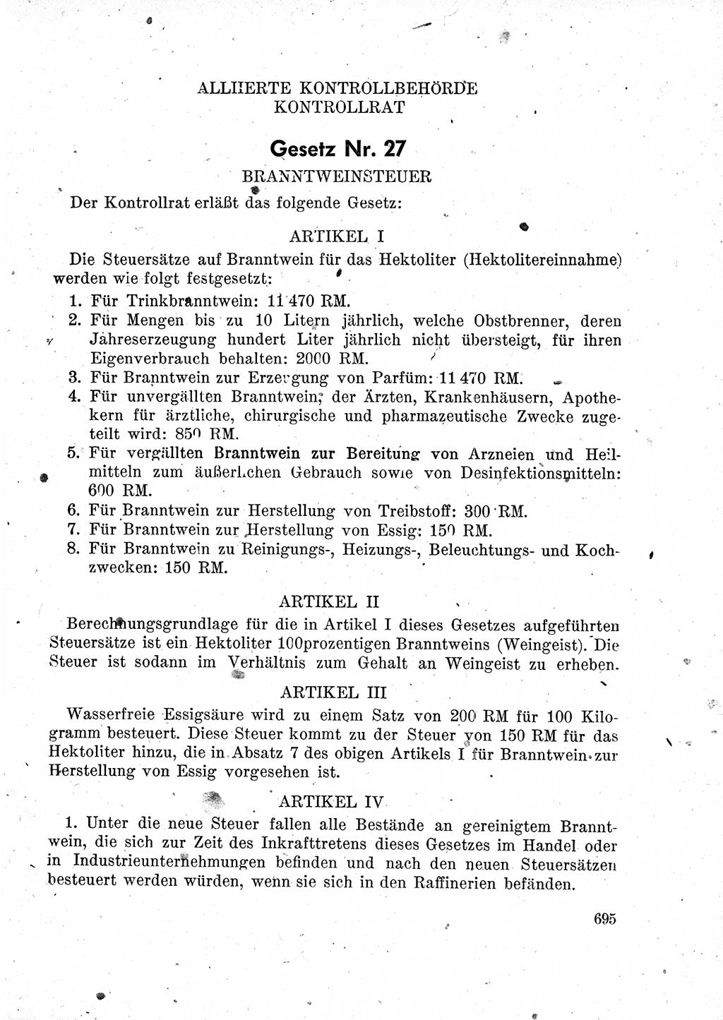 Das Recht der Besatzungsmacht (Deutschland), Proklamationen, Deklerationen, Verordnungen, Gesetze und Bekanntmachungen 1947, Seite 695 (R. Bes. Dtl. 1947, S. 695)