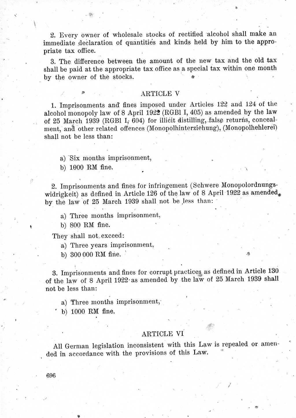 Das Recht der Besatzungsmacht (Deutschland), Proklamationen, Deklerationen, Verordnungen, Gesetze und Bekanntmachungen 1947, Seite 696 (R. Bes. Dtl. 1947, S. 696)