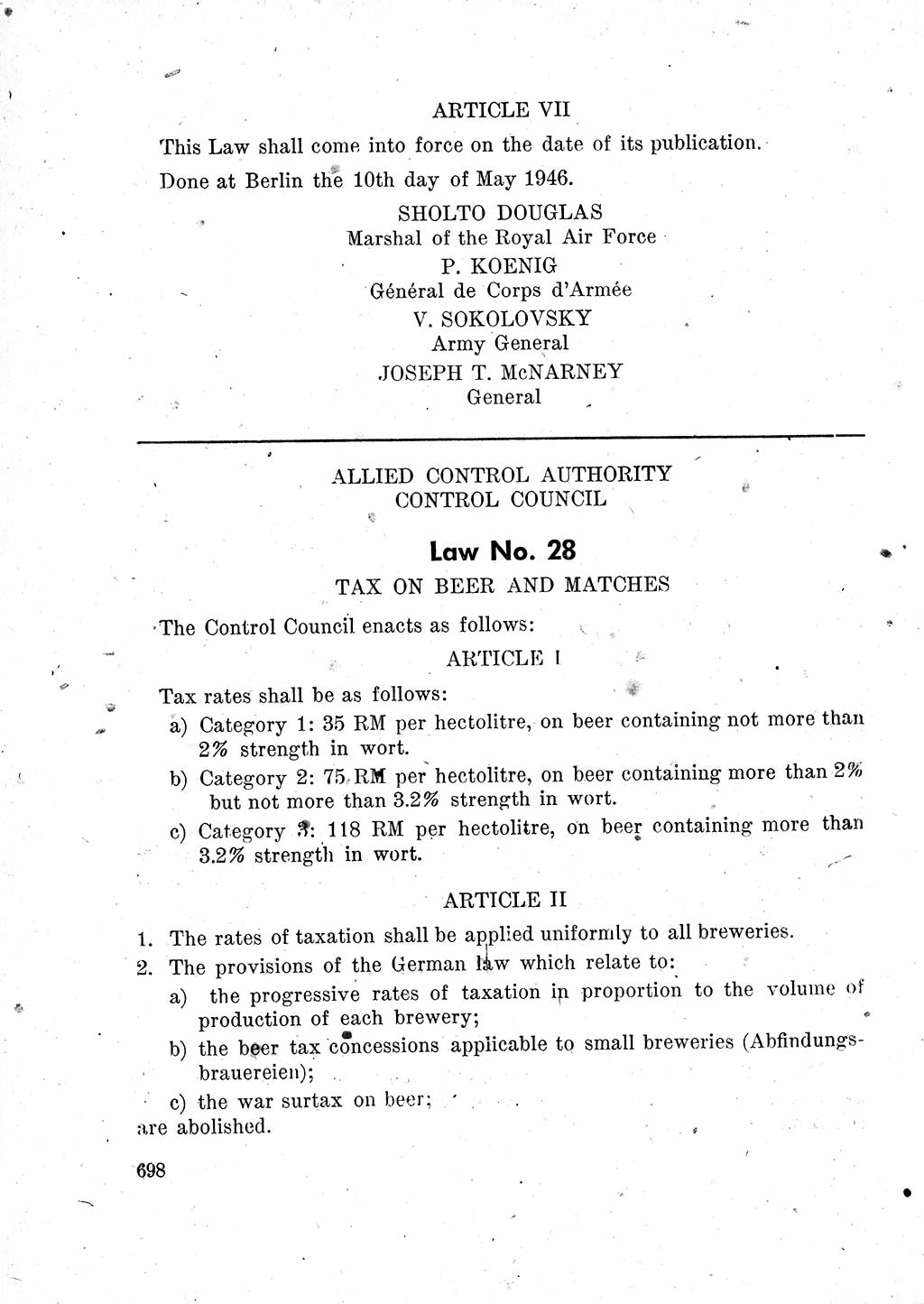 Das Recht der Besatzungsmacht (Deutschland), Proklamationen, Deklerationen, Verordnungen, Gesetze und Bekanntmachungen 1947, Seite 698 (R. Bes. Dtl. 1947, S. 698)