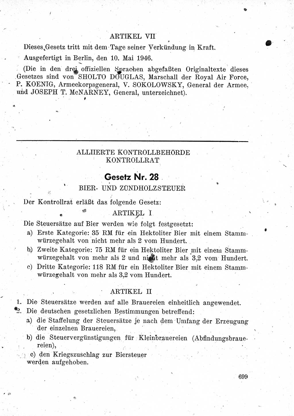 Das Recht der Besatzungsmacht (Deutschland), Proklamationen, Deklerationen, Verordnungen, Gesetze und Bekanntmachungen 1947, Seite 699 (R. Bes. Dtl. 1947, S. 699)