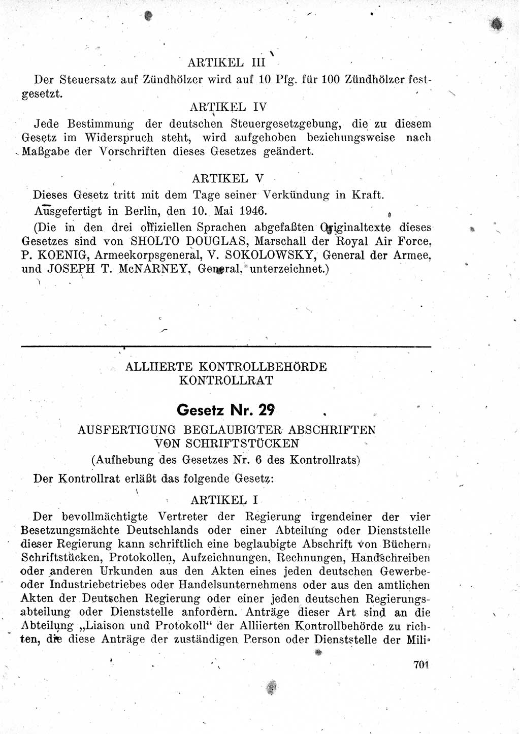 Das Recht der Besatzungsmacht (Deutschland), Proklamationen, Deklerationen, Verordnungen, Gesetze und Bekanntmachungen 1947, Seite 701 (R. Bes. Dtl. 1947, S. 701)