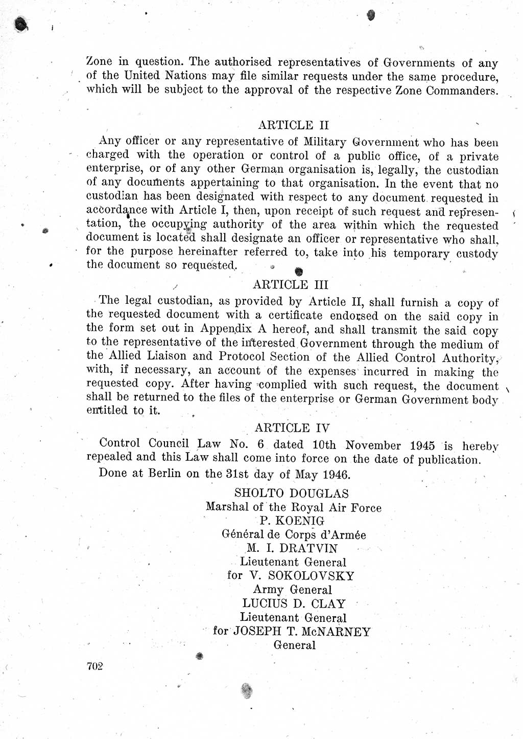 Das Recht der Besatzungsmacht (Deutschland), Proklamationen, Deklerationen, Verordnungen, Gesetze und Bekanntmachungen 1947, Seite 702 (R. Bes. Dtl. 1947, S. 702)