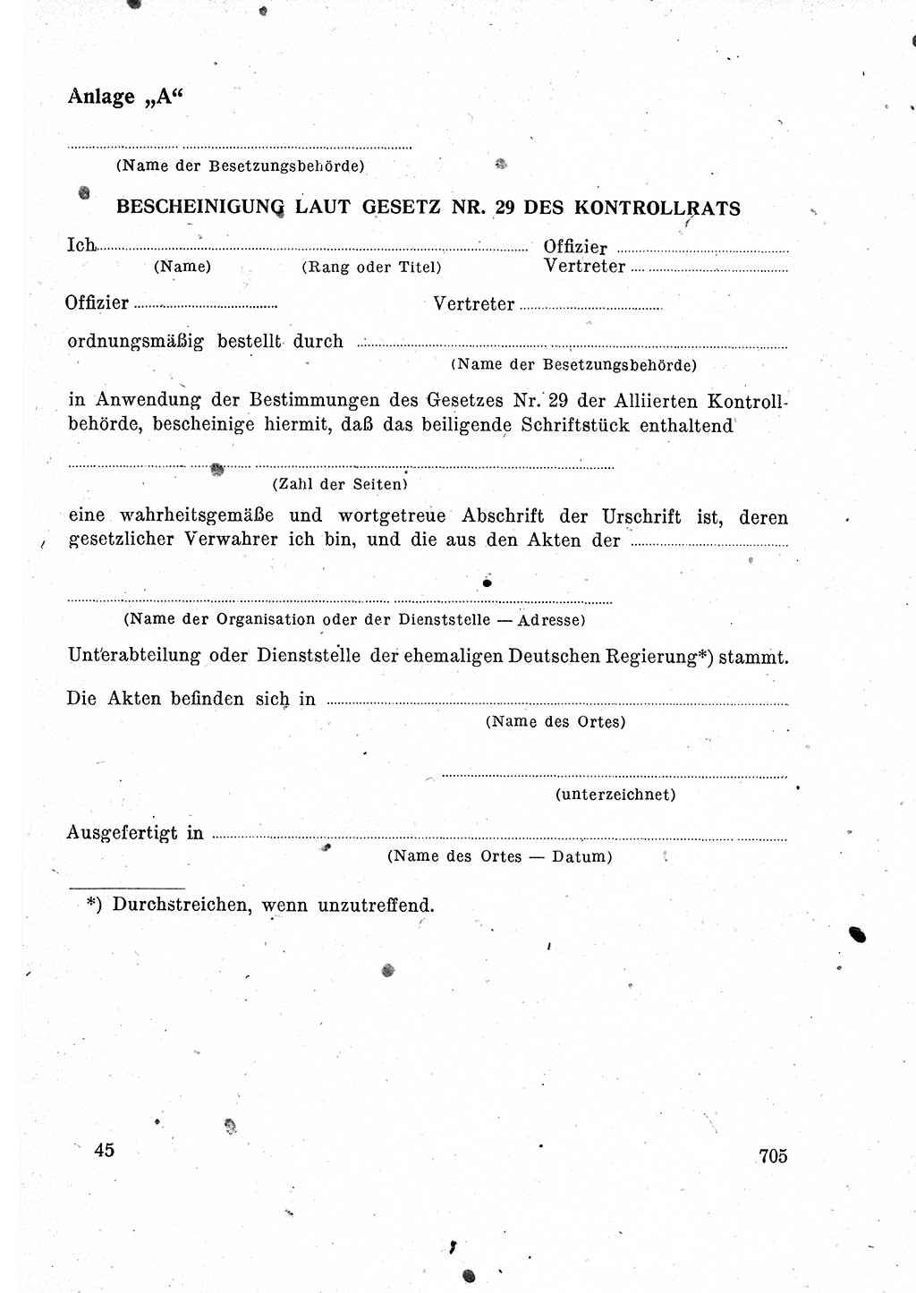 Das Recht der Besatzungsmacht (Deutschland), Proklamationen, Deklerationen, Verordnungen, Gesetze und Bekanntmachungen 1947, Seite 705 (R. Bes. Dtl. 1947, S. 705)