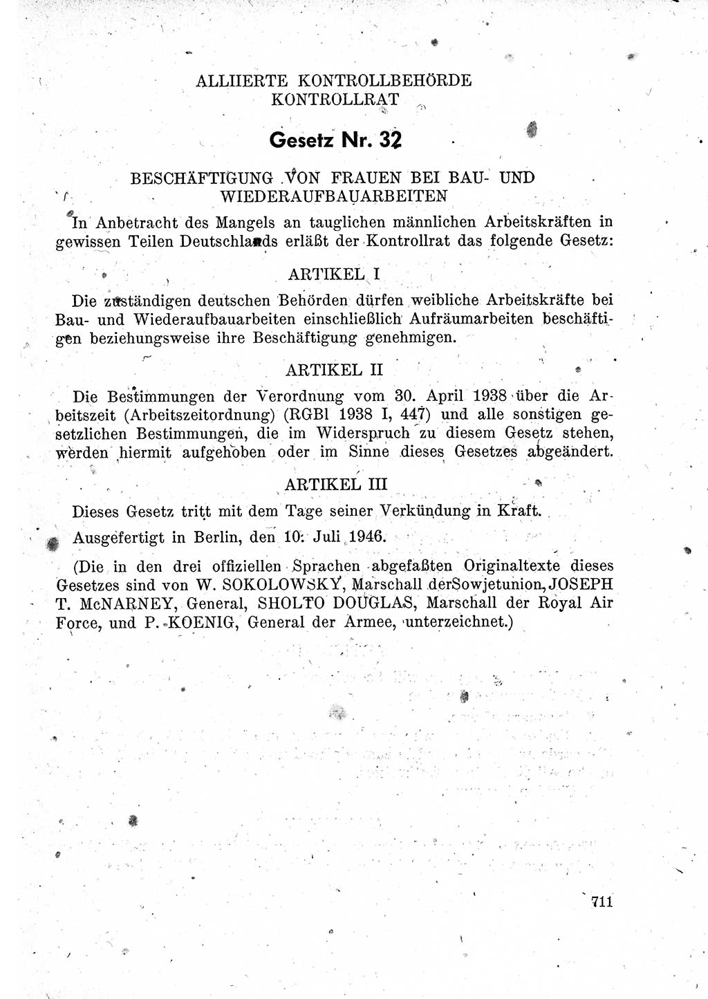Das Recht der Besatzungsmacht (Deutschland), Proklamationen, Deklerationen, Verordnungen, Gesetze und Bekanntmachungen 1947, Seite 711 (R. Bes. Dtl. 1947, S. 711)