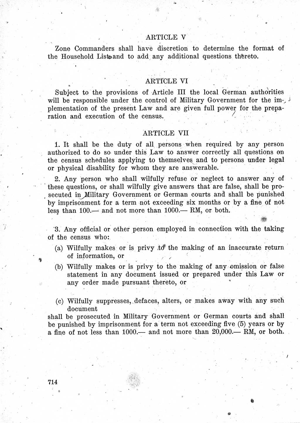 Das Recht der Besatzungsmacht (Deutschland), Proklamationen, Deklerationen, Verordnungen, Gesetze und Bekanntmachungen 1947, Seite 714 (R. Bes. Dtl. 1947, S. 714)