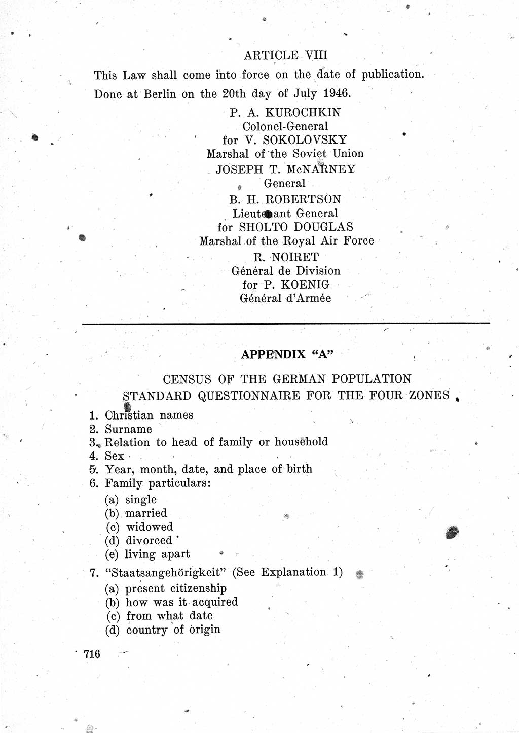 Das Recht der Besatzungsmacht (Deutschland), Proklamationen, Deklerationen, Verordnungen, Gesetze und Bekanntmachungen 1947, Seite 716 (R. Bes. Dtl. 1947, S. 716)