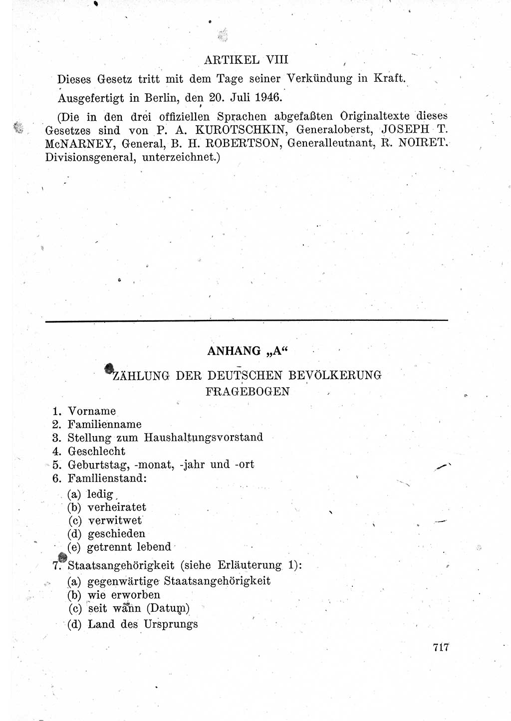 Das Recht der Besatzungsmacht (Deutschland), Proklamationen, Deklerationen, Verordnungen, Gesetze und Bekanntmachungen 1947, Seite 717 (R. Bes. Dtl. 1947, S. 717)